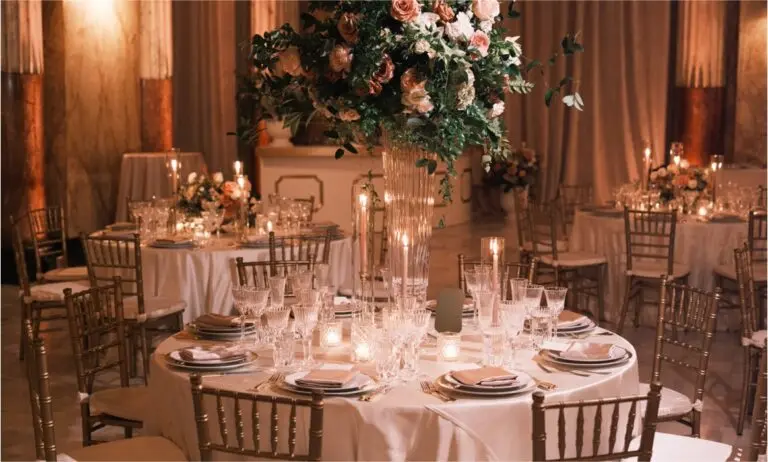 A grand ballroom set up for a wedding reception features ornately decorated ceilings and elegant chandeliers. Round tables, adorned with white tablecloths, floral arrangements, and candle centerpieces, are surrounded by gold chairs. A stage is visible in the background.