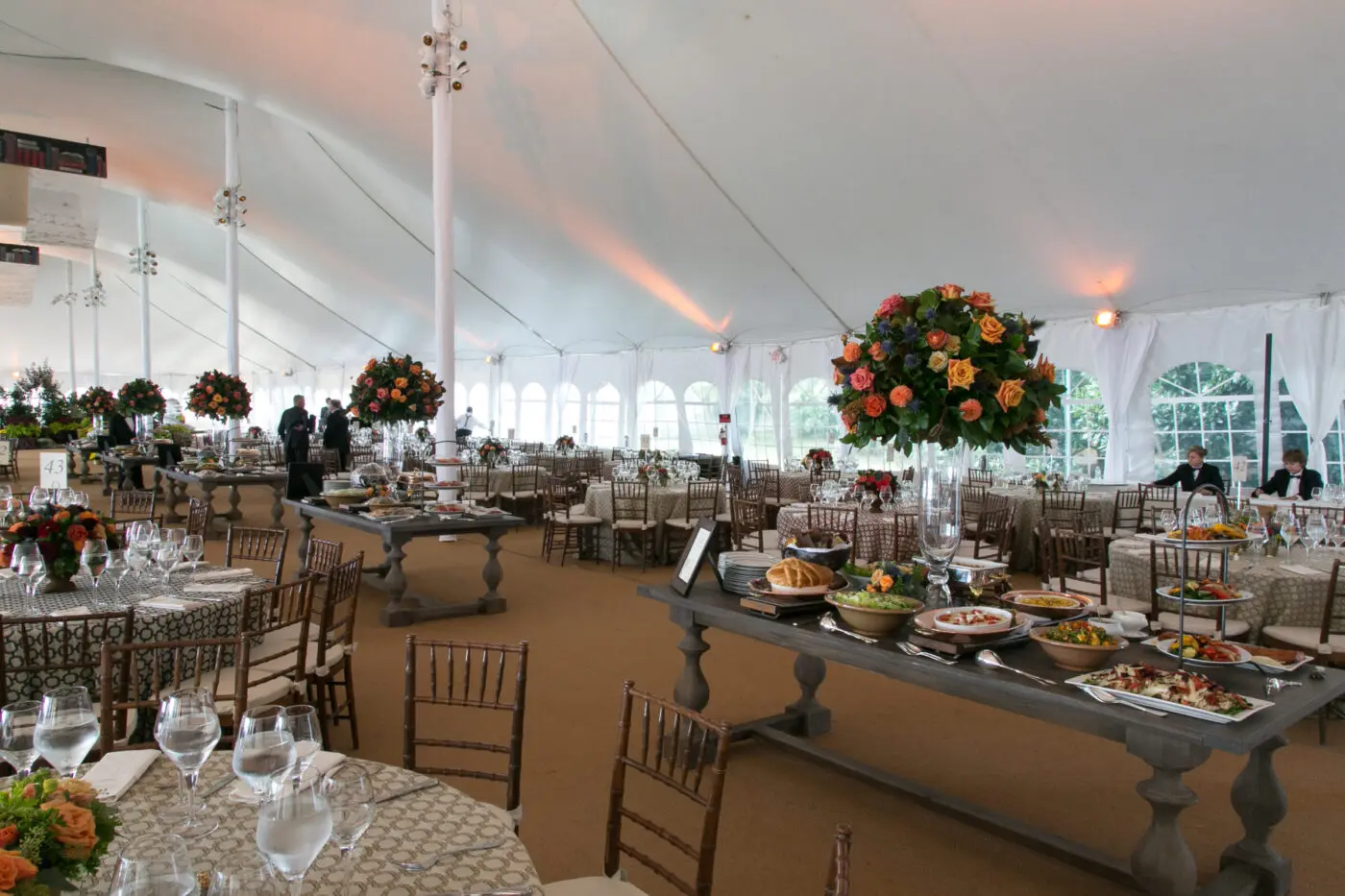 The interior of a tent at George Washington's Mount Vernon set up for an event.