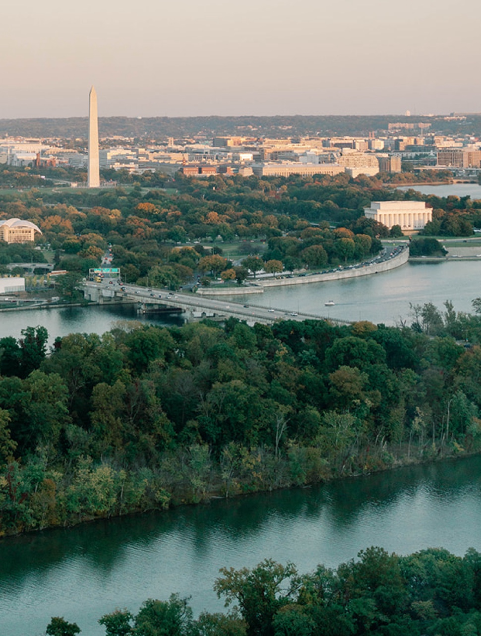 Aerial view of the Washington Monument and Potomac River.